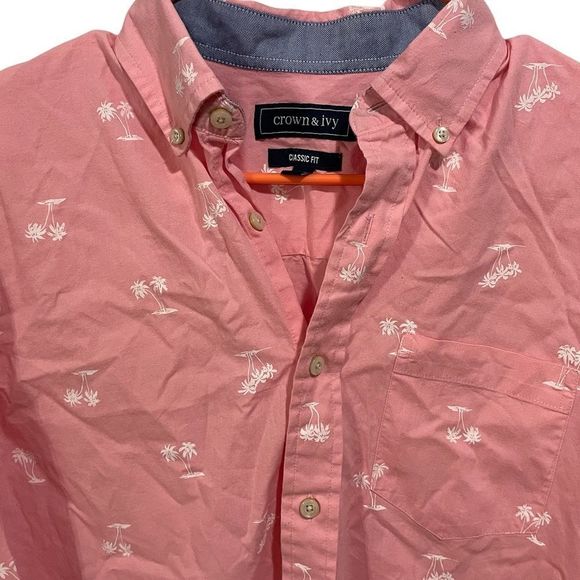 Crown & Ivy Men’s Classic Fit Pink & White Palm Tree Long Sleeve Button Up Shirt - Picture 2 of 6